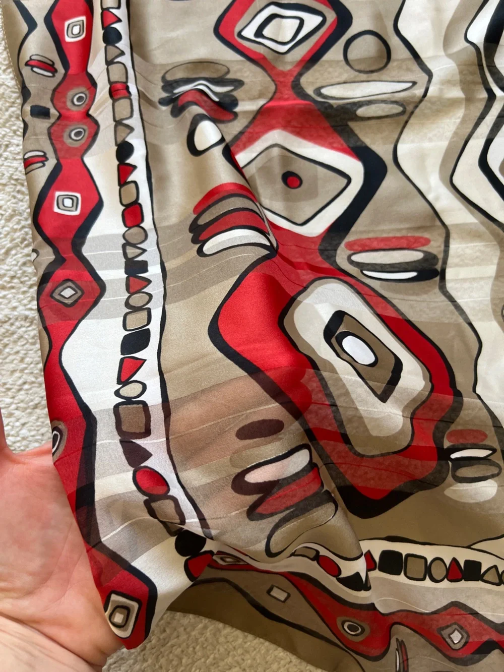 VTG Made in Italy Geometric Tribal Graphic Scarf Abstract Sheer Red Taupe 33